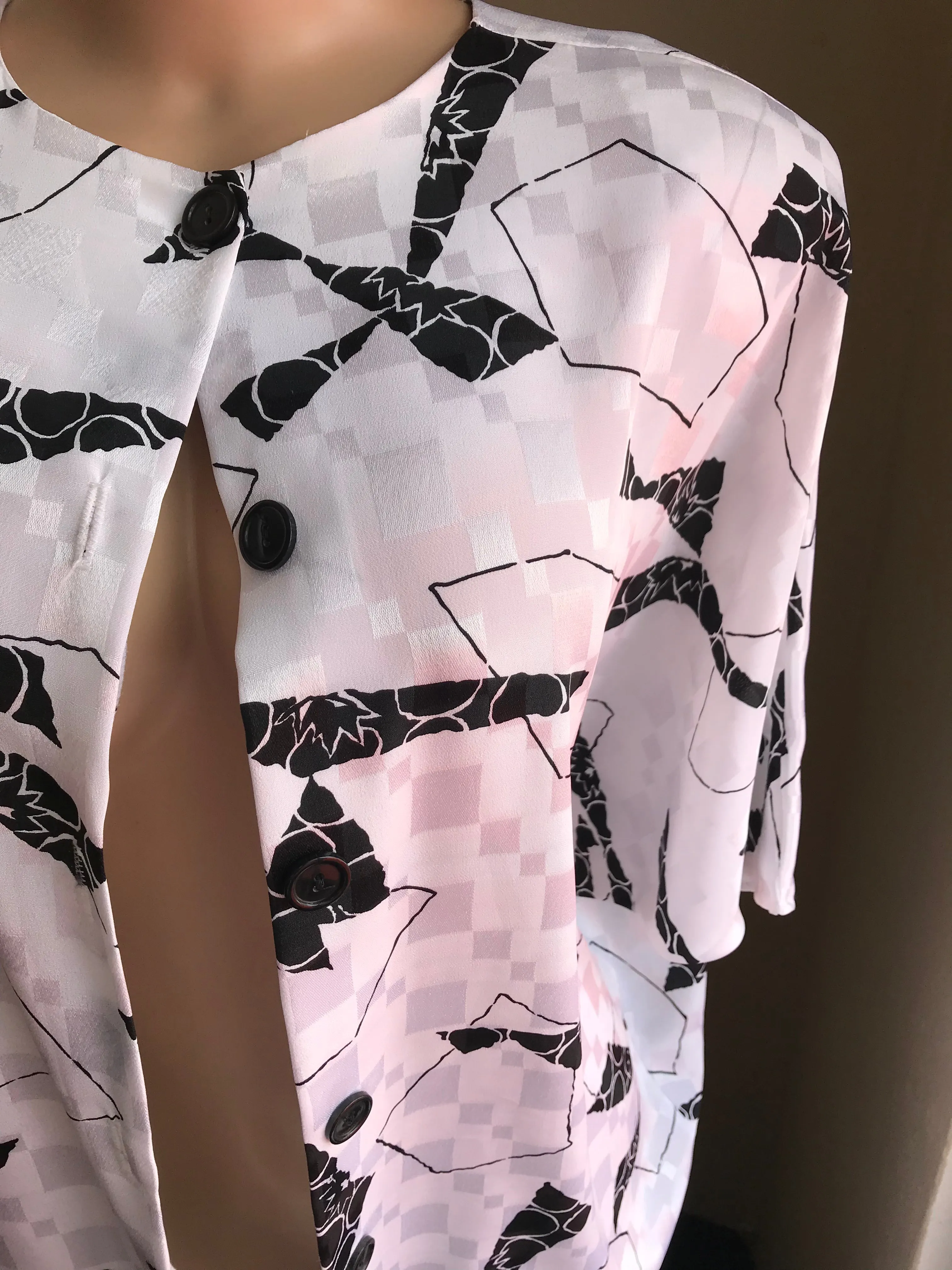 80s Vintage Reflective Bold B&W Print Shirt Dress Tied | L /XL / One Size ^^^
