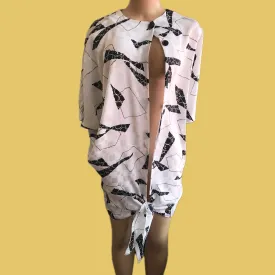 80s Vintage Reflective Bold B&W Print Shirt Dress Tied | L /XL / One Size ^^^