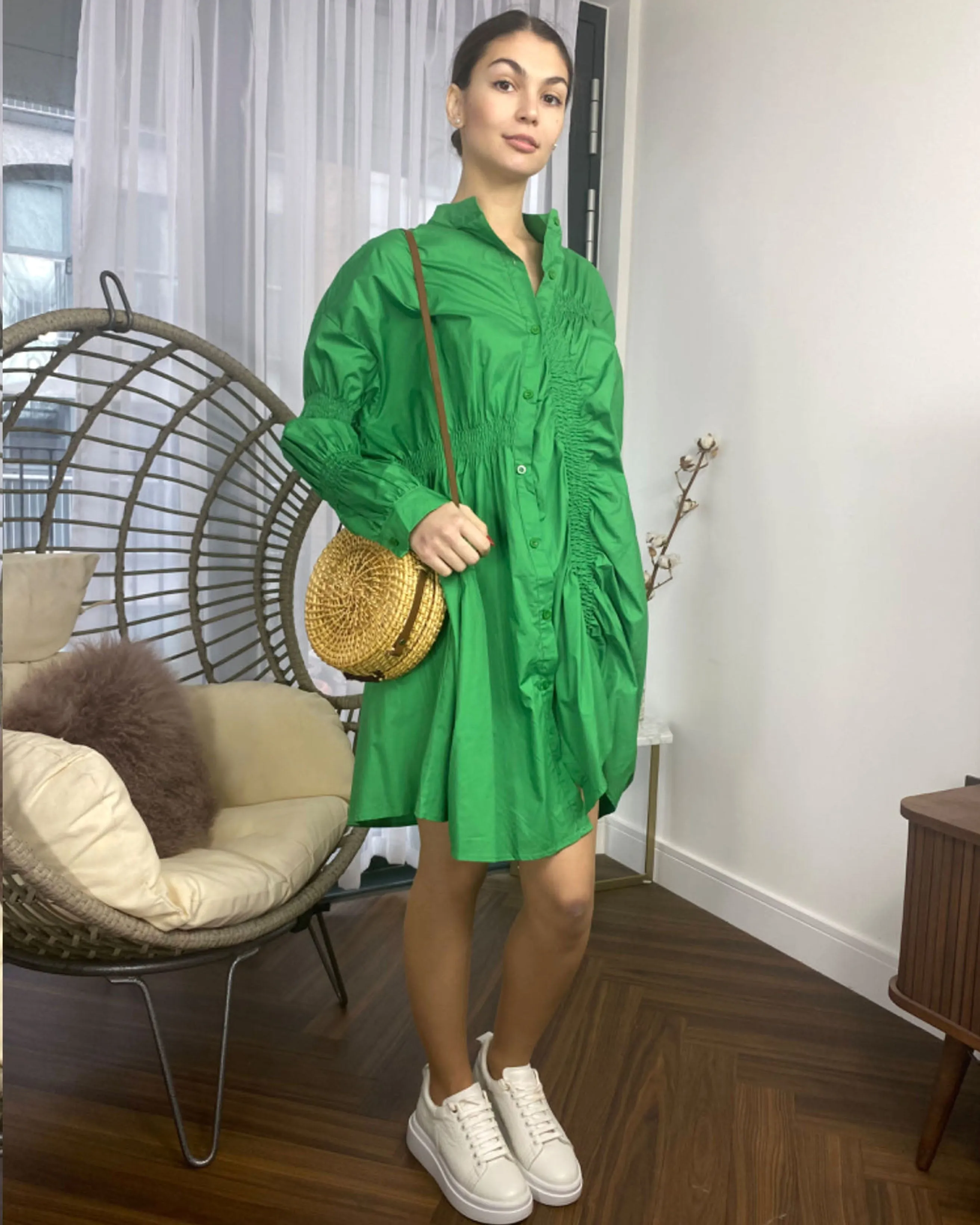 Asymmetry with Elasticated design cotton blend shirt dress in Green