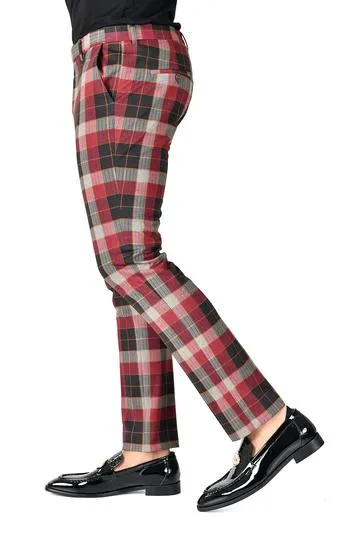 Barabas CP126 Plaid Pants Slim Fit Grey/Red