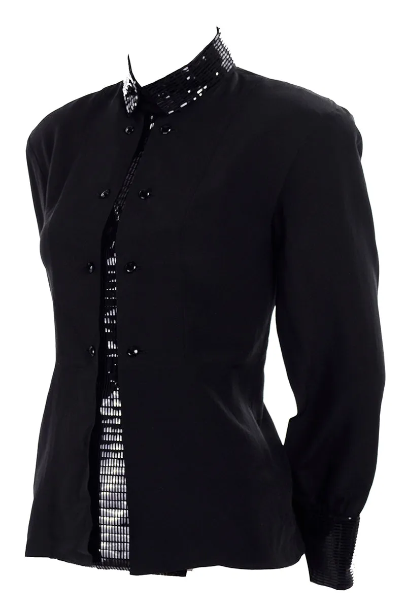 Bernard Perris Vintage Silk Black Blouse W Beaded Dickie