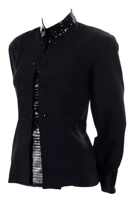 Bernard Perris Vintage Silk Black Blouse W Beaded Dickie