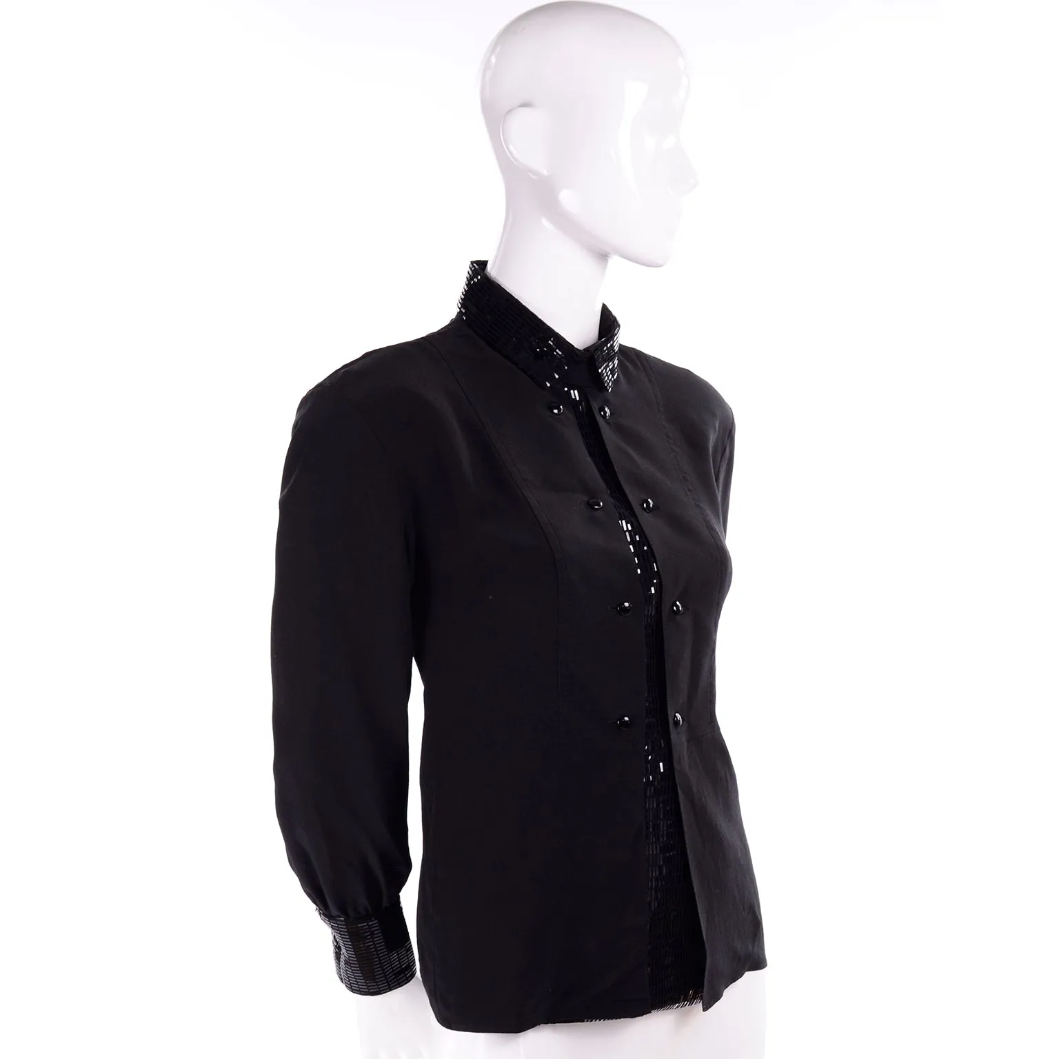 Bernard Perris Vintage Silk Black Blouse W Beaded Dickie