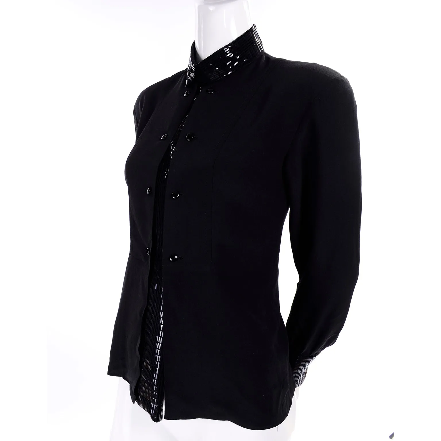 Bernard Perris Vintage Silk Black Blouse W Beaded Dickie