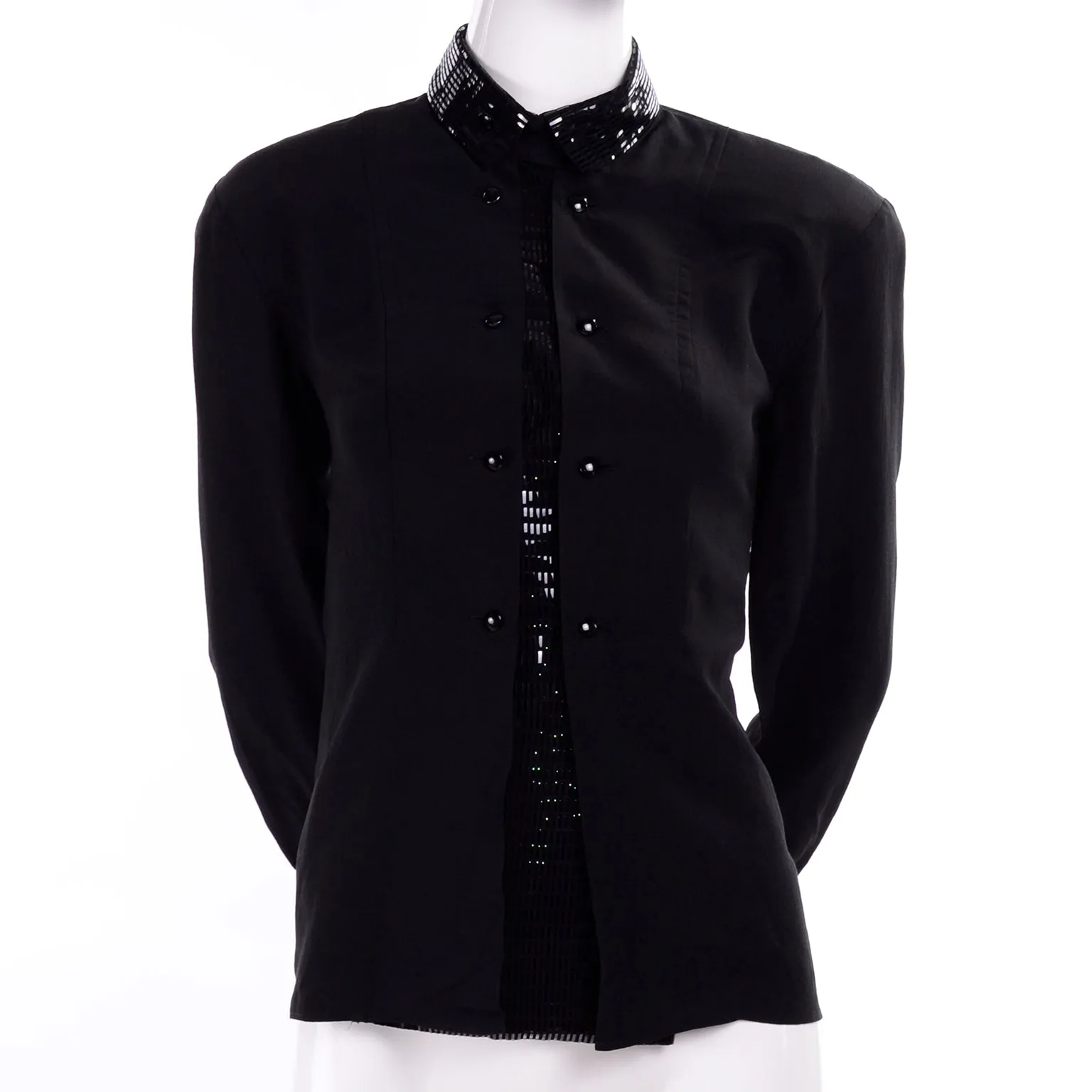 Bernard Perris Vintage Silk Black Blouse W Beaded Dickie
