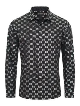 Black and White GG Men's Long Sleeve Graphic Fashion Design Casual Shirt