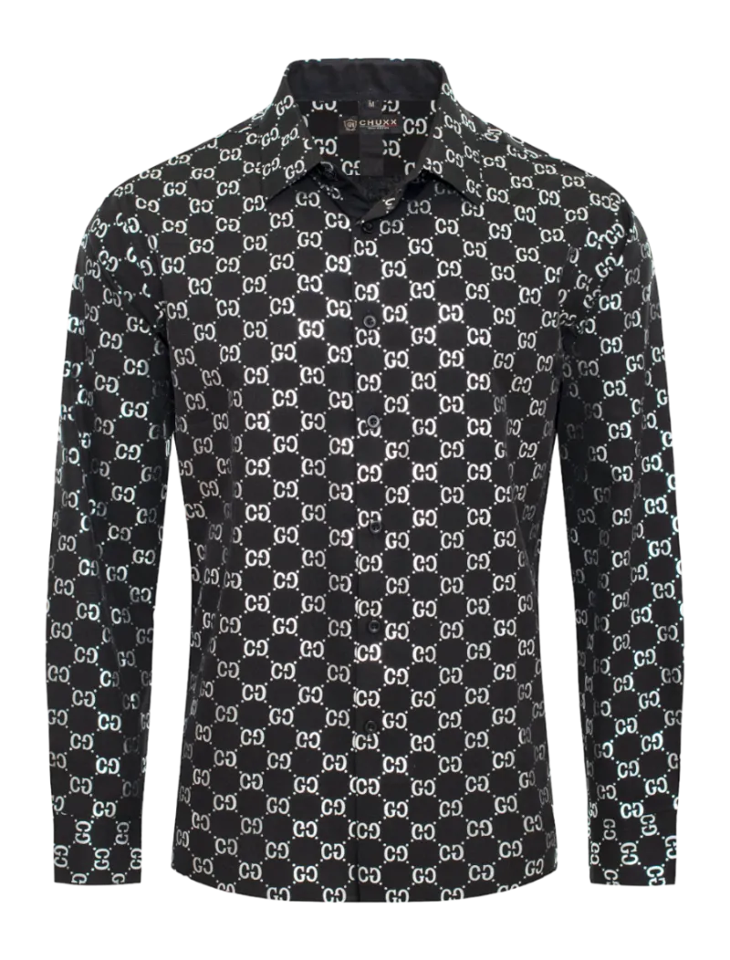 Black and White GG Men's Long Sleeve Graphic Fashion Design Casual Shirt