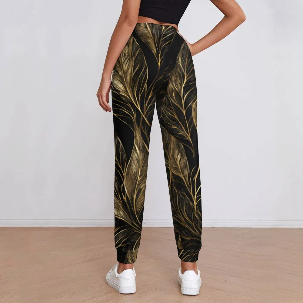 Black Gold Leaf Print Sweatpants