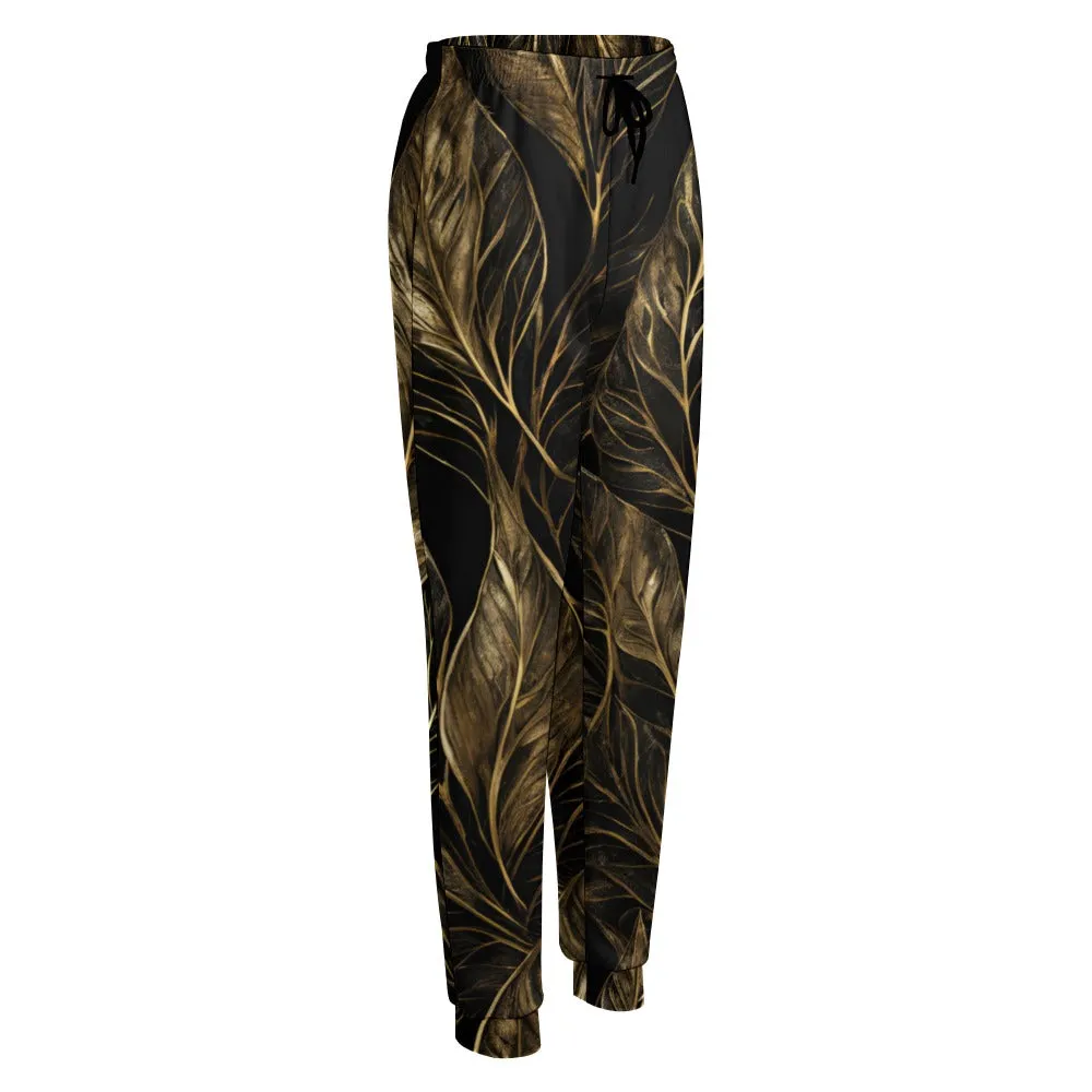 Black Gold Leaf Print Sweatpants