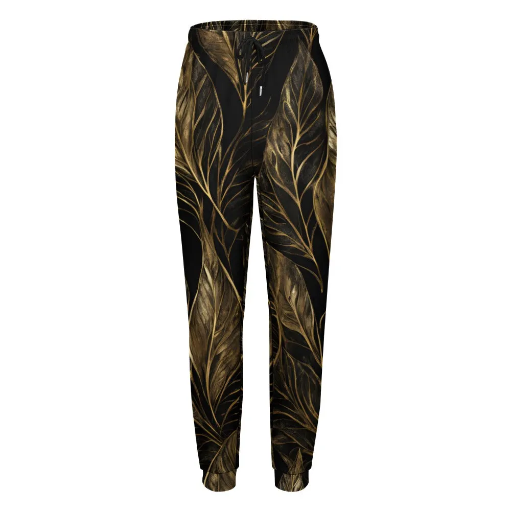 Black Gold Leaf Print Sweatpants
