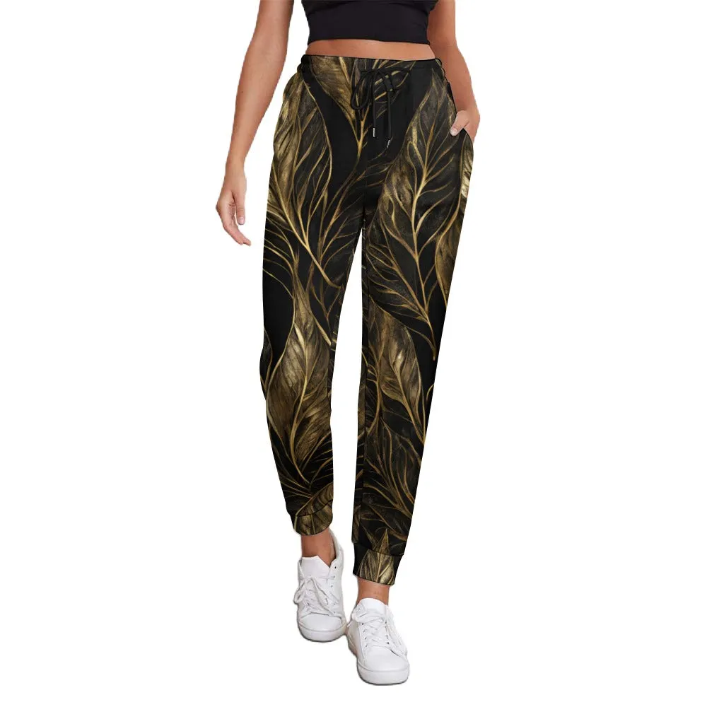 Black Gold Leaf Print Sweatpants