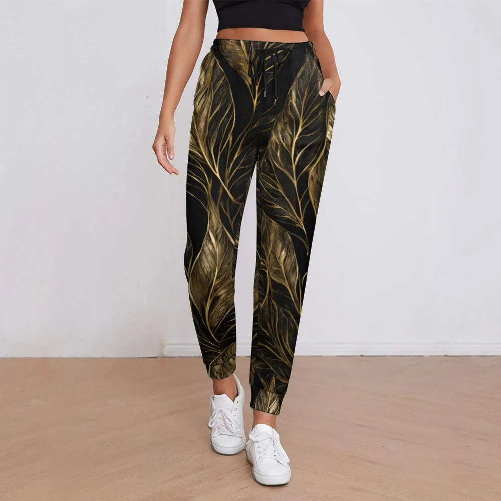 Black Gold Leaf Print Sweatpants