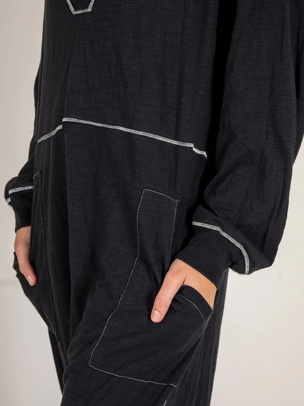 Black Hooded Maxi Dress with Contrast Stitching