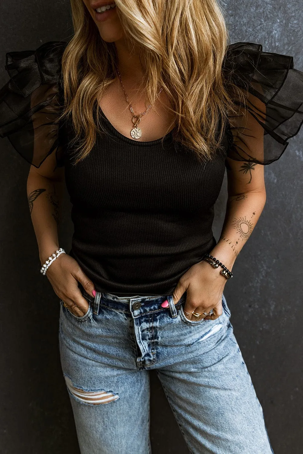 Black Knit T-Shirt with Sheer Accent