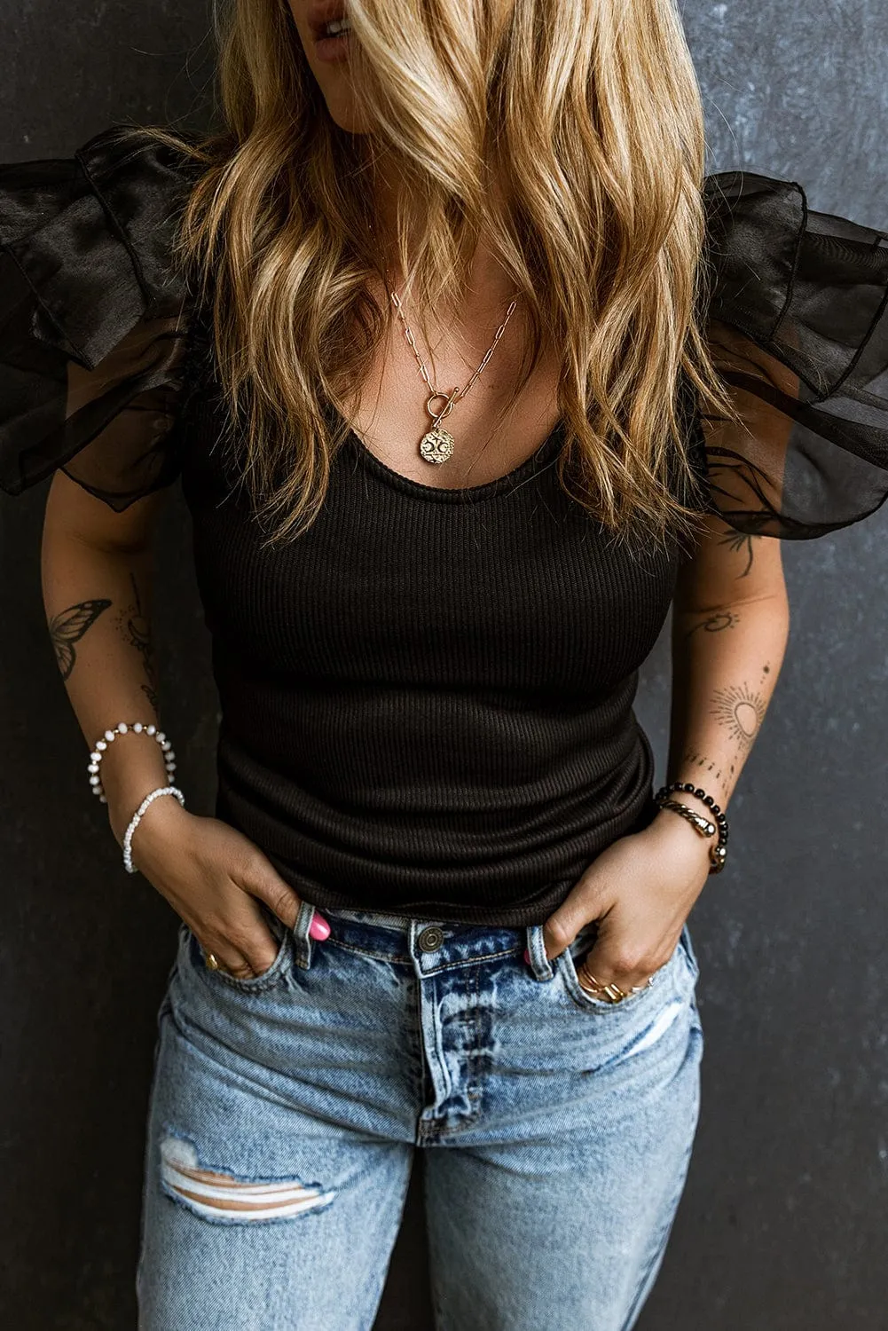 Black Knit T-Shirt with Sheer Accent