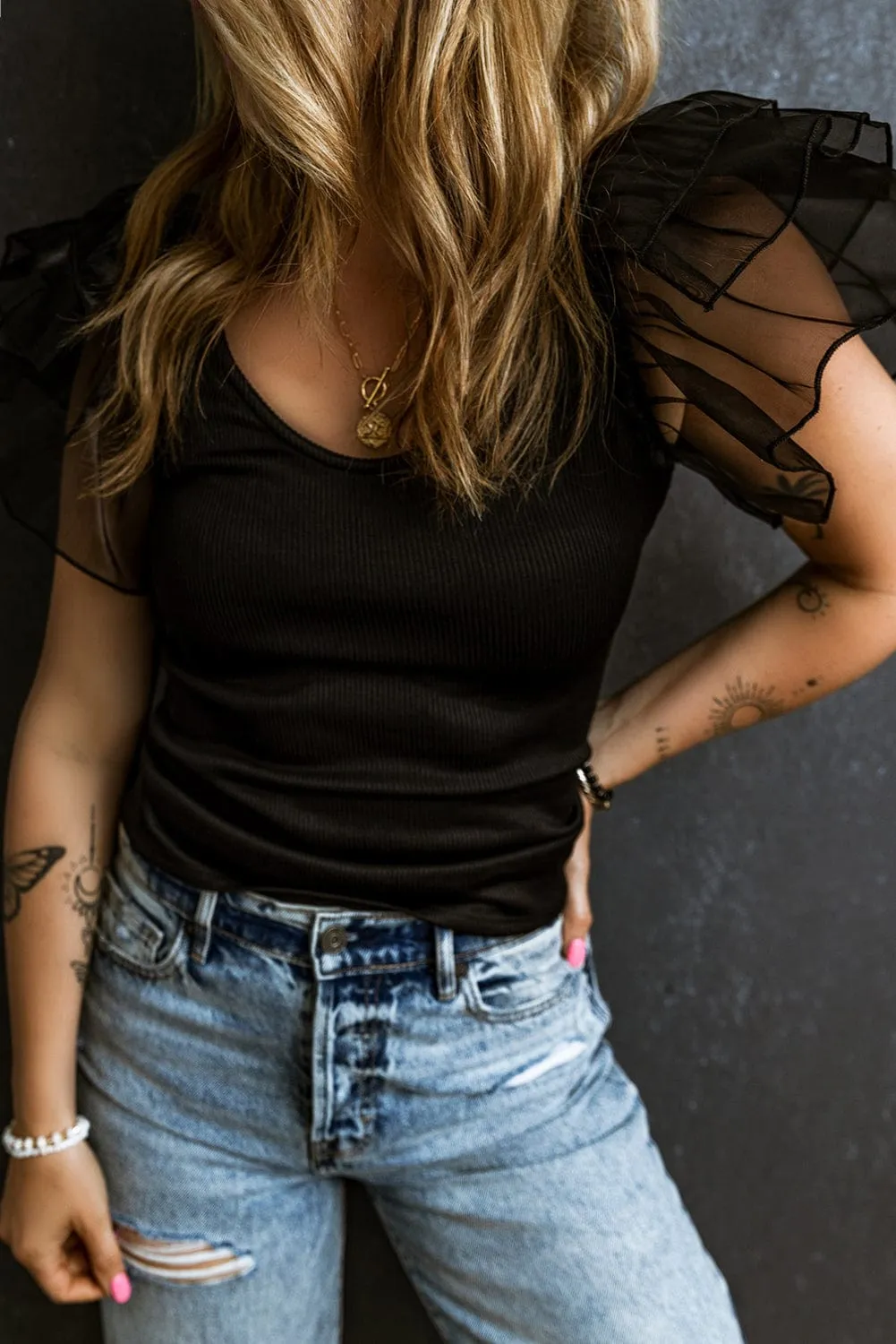 Black Knit T-Shirt with Sheer Accent