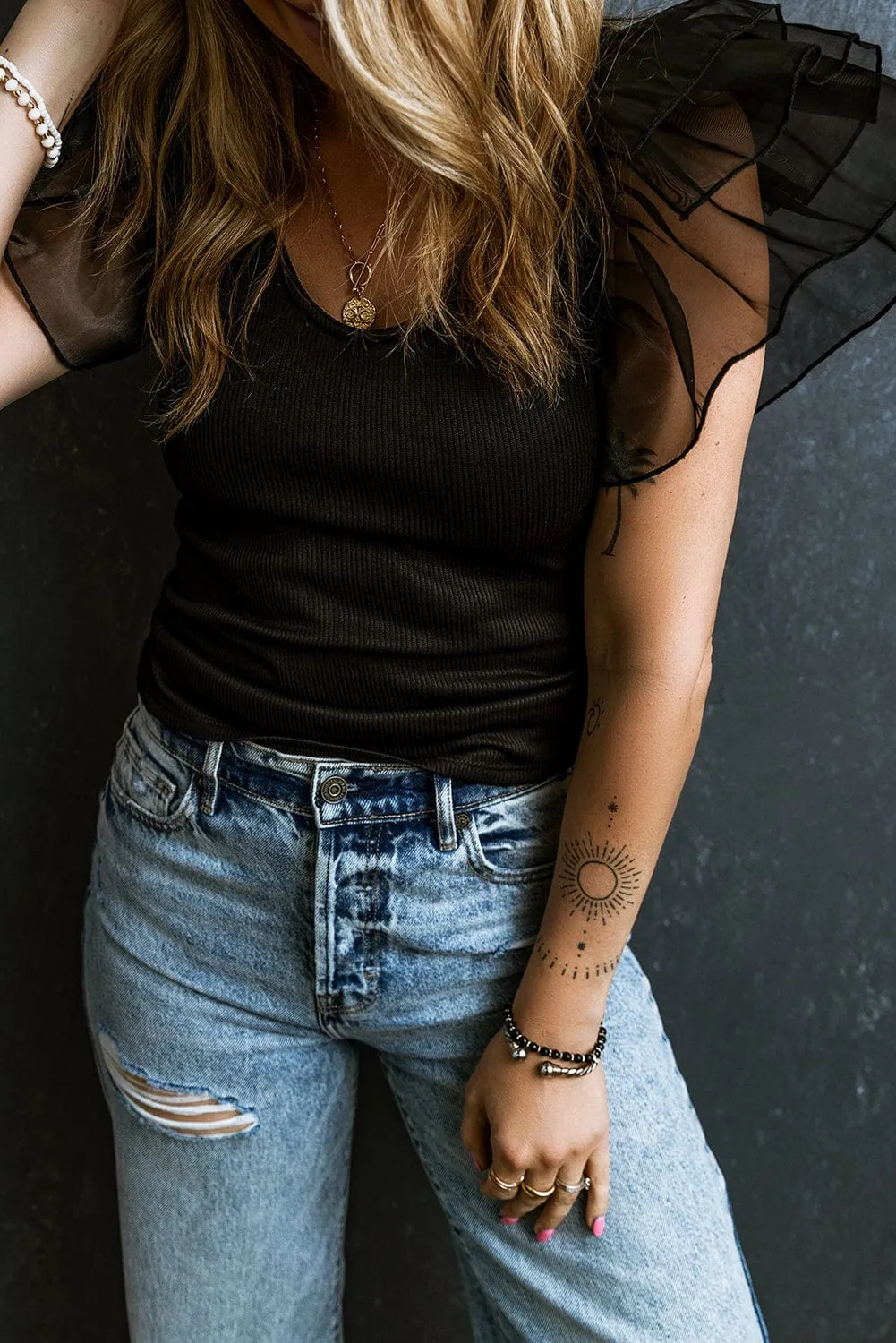 Black Knit T-Shirt with Sheer Accent