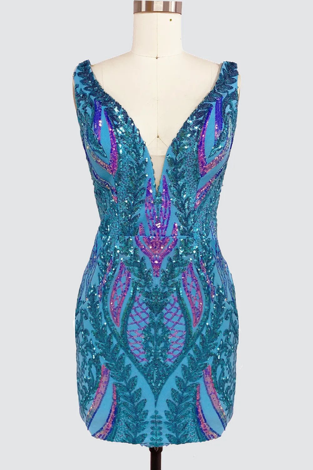 Blue V Neck Sequins Short Tight Homecoming Dresses VK081401