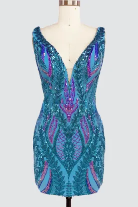 Blue V Neck Sequins Short Tight Homecoming Dresses VK081401