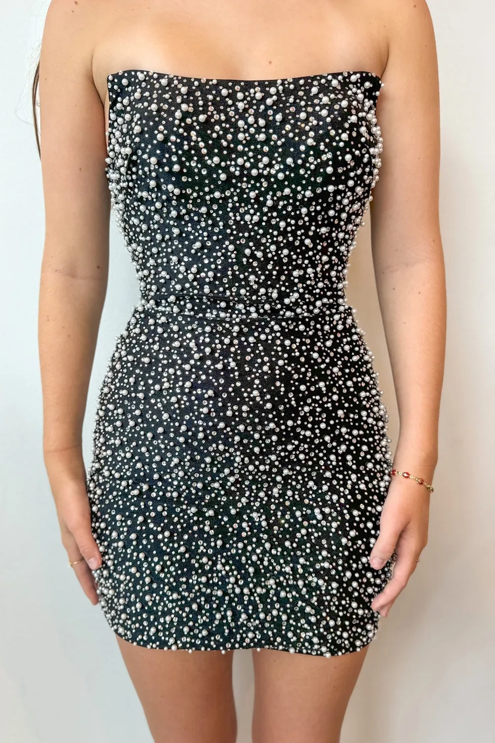 Bodycon Strapless Black Tight Short Homecoming Dresses with Beadings VK24090907