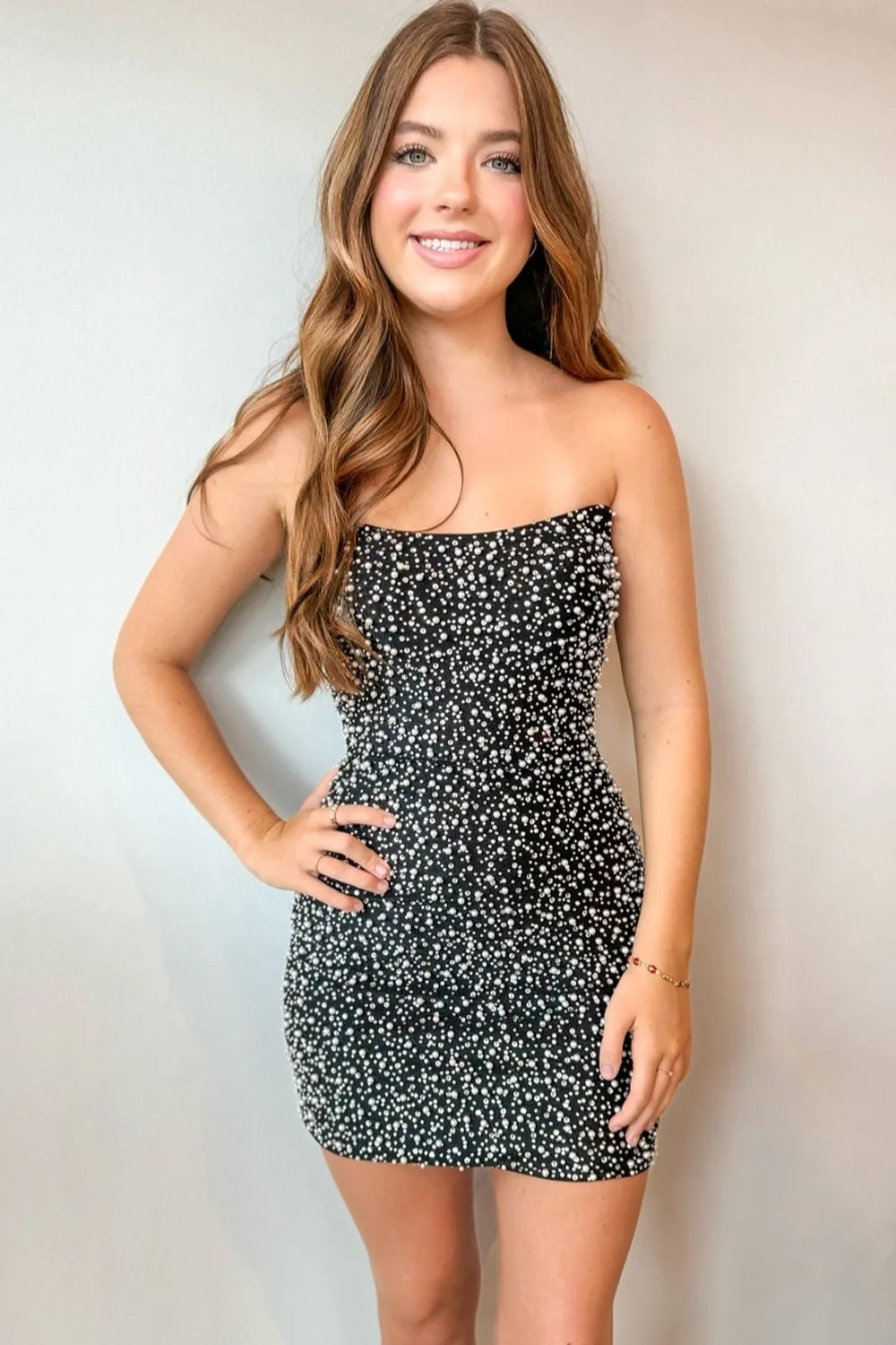 Bodycon Strapless Black Tight Short Homecoming Dresses with Beadings VK24090907