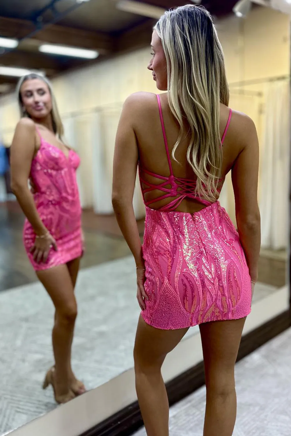 Bodycon V Neck Fuchsia Sequins Lace Tight Short Homecoming Dresses VK24091203