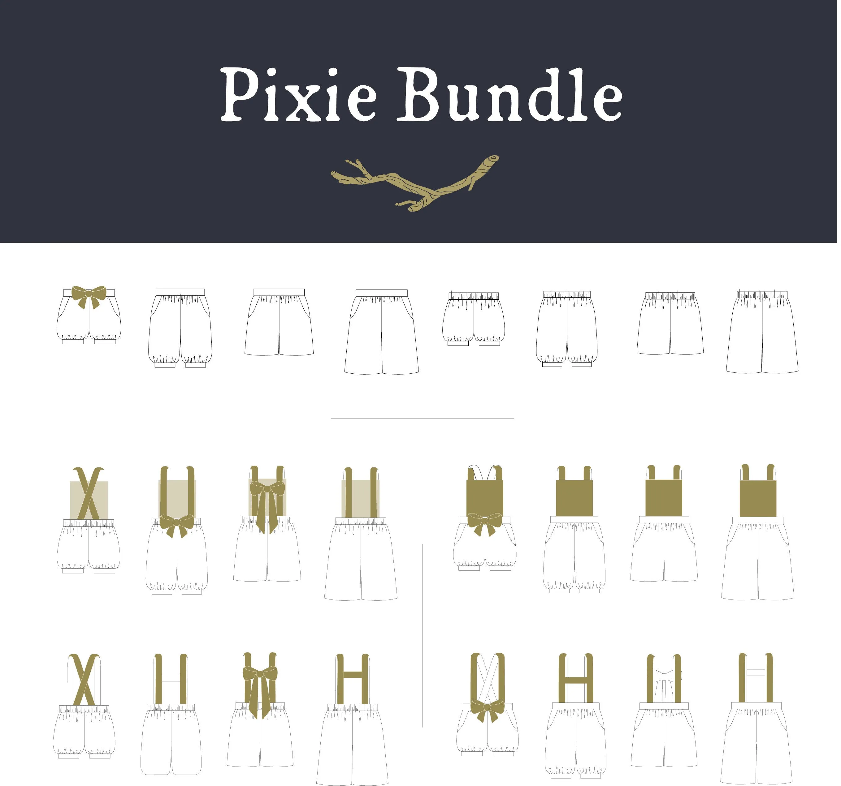 BUNDLE Pixie Essentials   Expansion Pack Sewing Patterns - Child ~ Shorts, Pants, Culottes, Romper   Suspenders