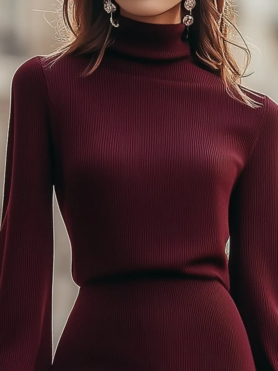 Burgundy Ribbed Turtleneck Mini Dress with Balloon Sleeves