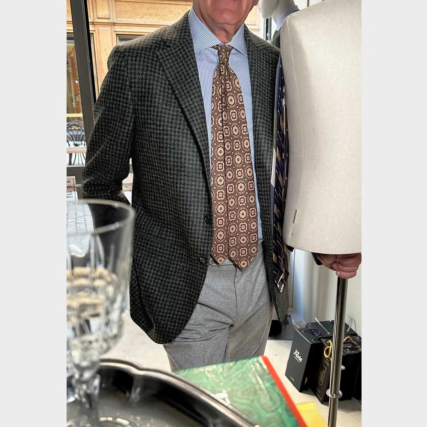 Caruso Mud Green Pied de Poule Tailoring Wool Tweed Jacket