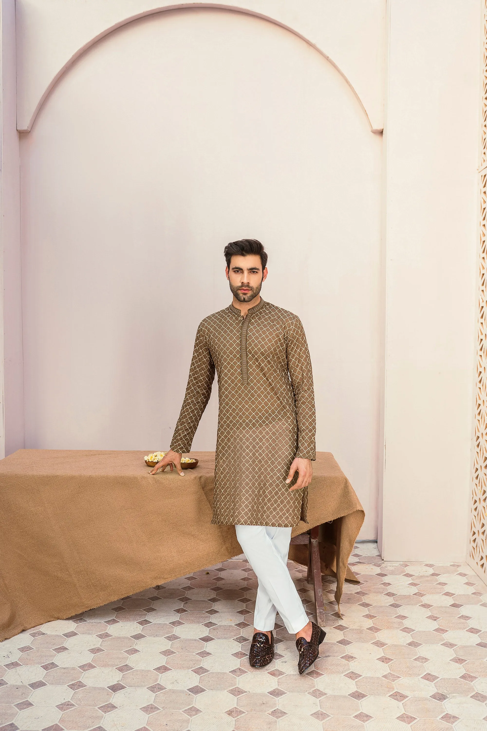 Champagne Monochromatic Embroidered Kurta