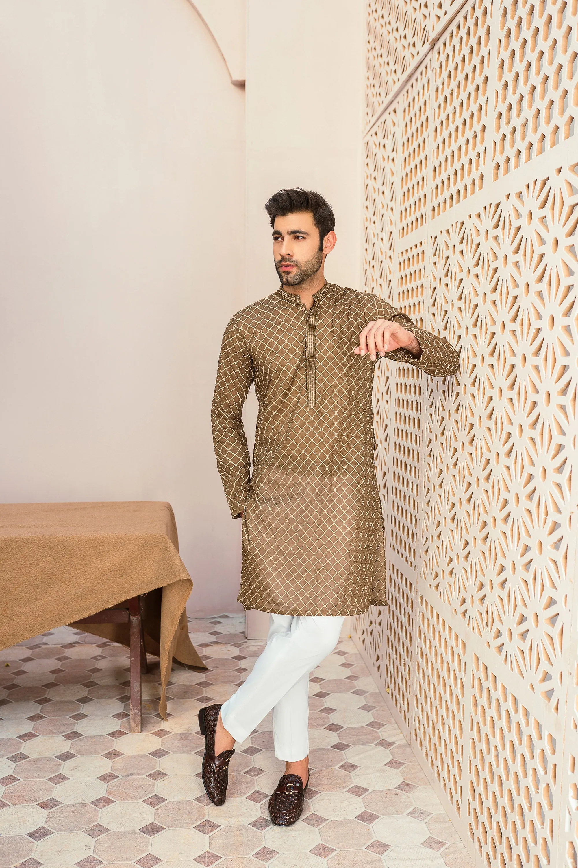 Champagne Monochromatic Embroidered Kurta