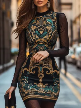 Chic Sheer Sleeve Mock Neck Baroque Print Bodycon