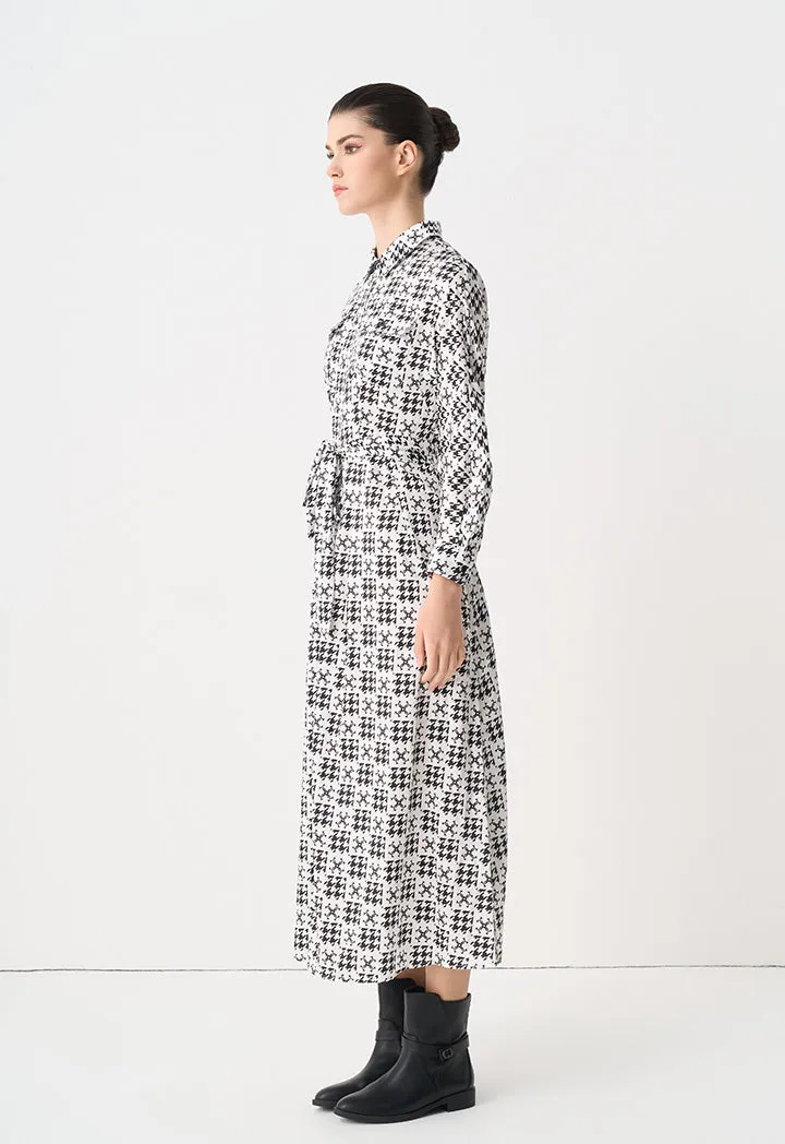 Choice Printed Monogram Belted Maxi Shirt Dress Black-White