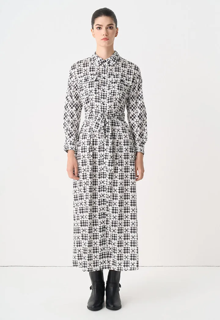 Choice Printed Monogram Belted Maxi Shirt Dress Black-White