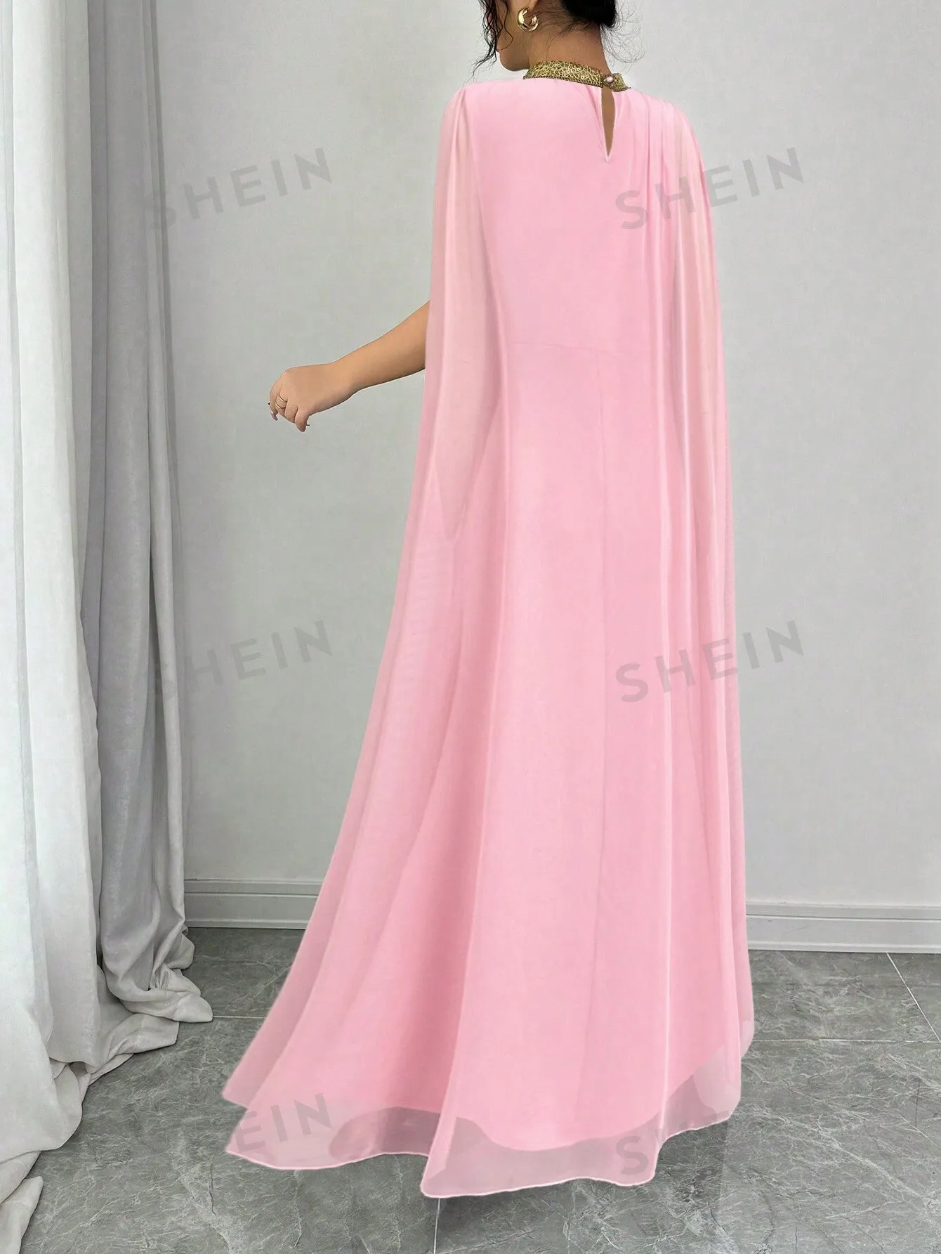 Colorblock Decor Stand Collar Elegant Cape Sleeve Mermaid Hem Fashionable Chic Dress