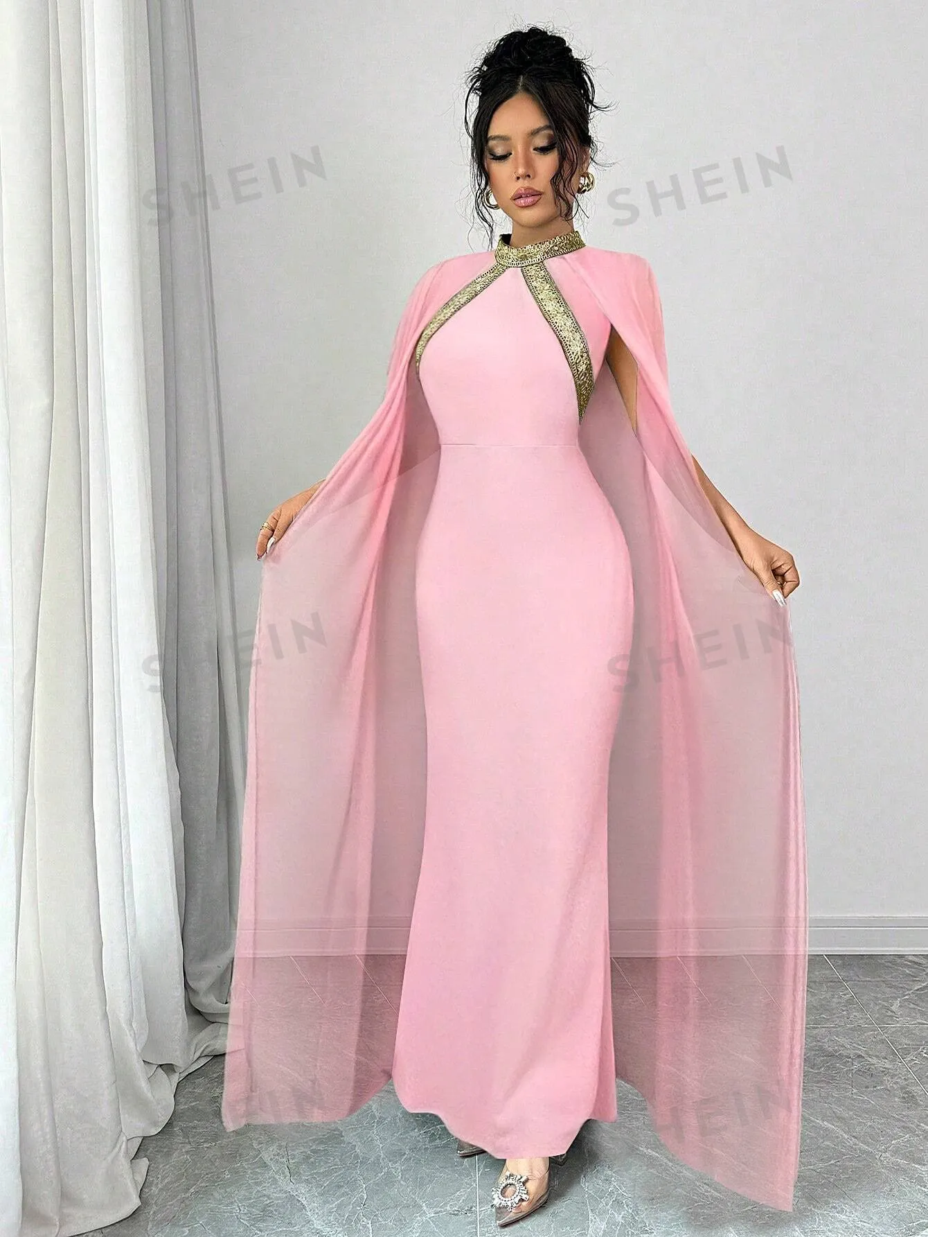 Colorblock Decor Stand Collar Elegant Cape Sleeve Mermaid Hem Fashionable Chic Dress