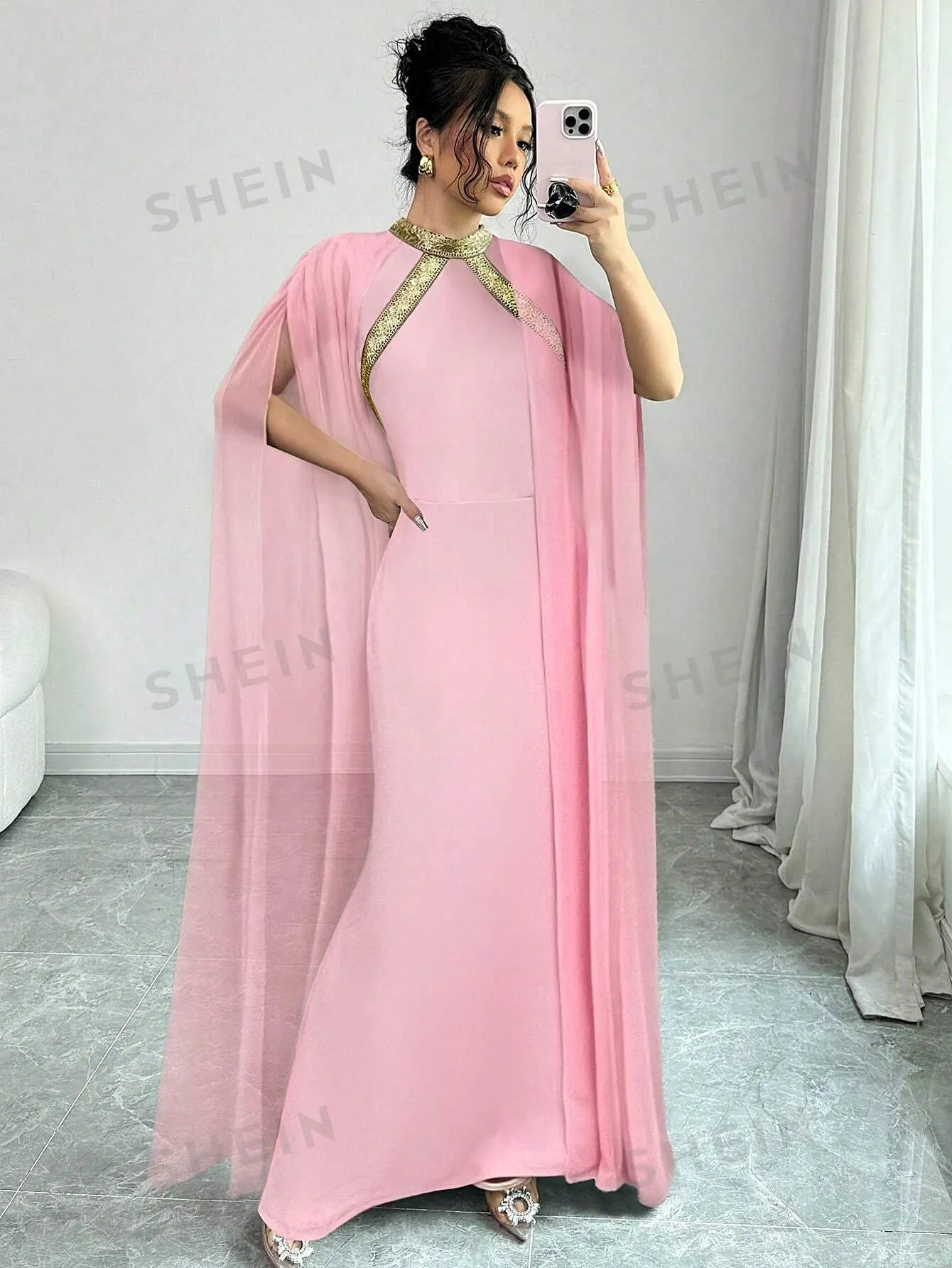 Colorblock Decor Stand Collar Elegant Cape Sleeve Mermaid Hem Fashionable Chic Dress