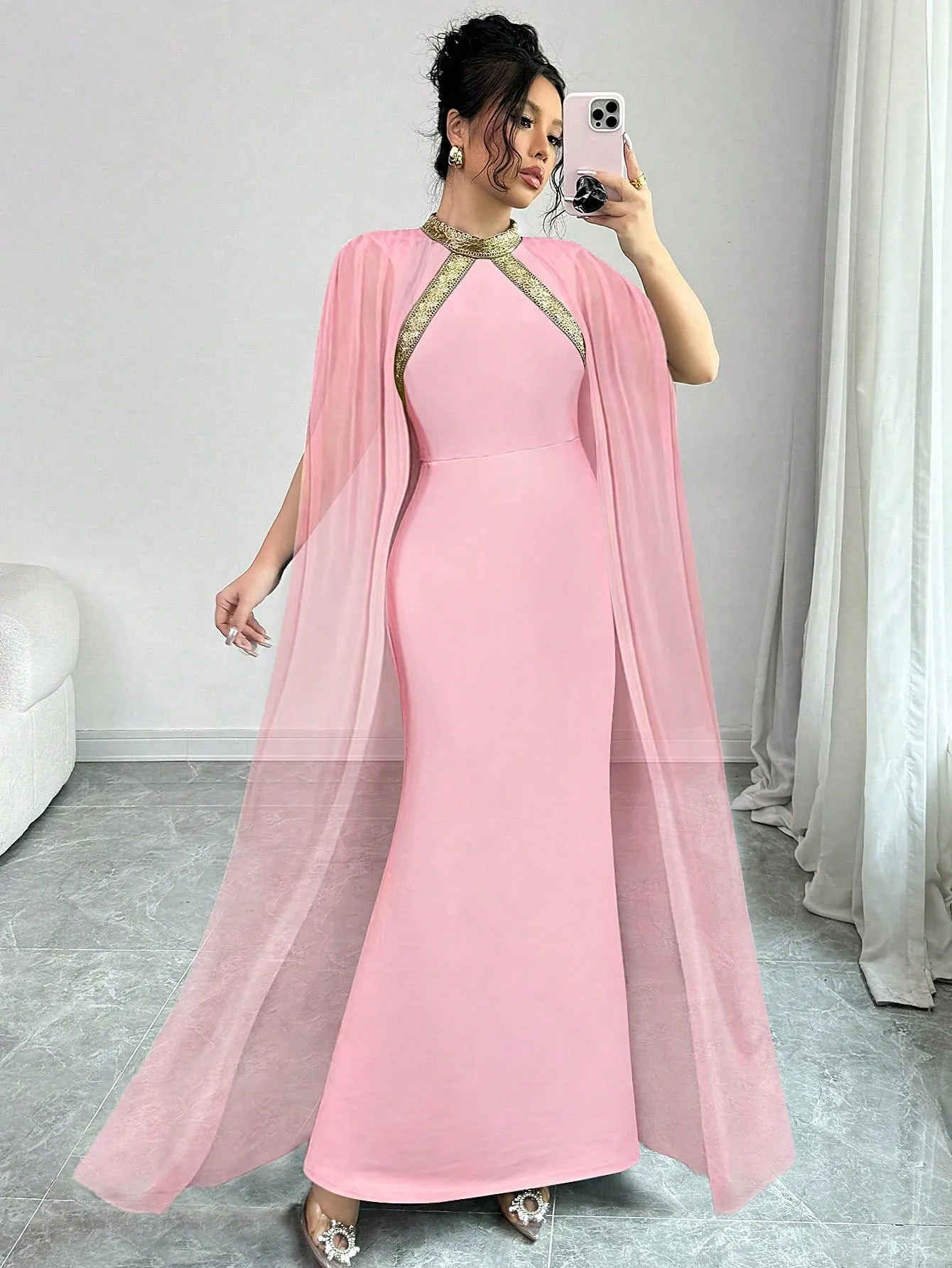 Colorblock Decor Stand Collar Elegant Cape Sleeve Mermaid Hem Fashionable Chic Dress