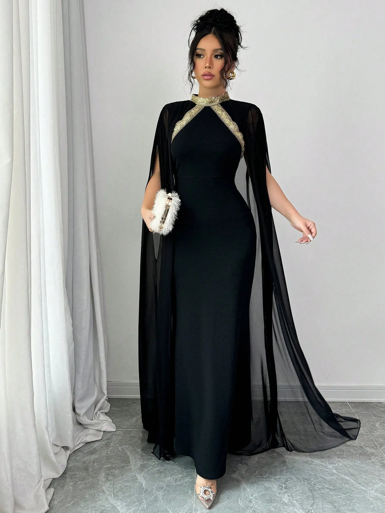 Colorblock Decor Stand Collar Elegant Cape Sleeve Mermaid Hem Fashionable Chic Dress