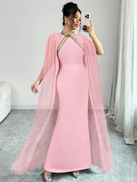 Colorblock Decor Stand Collar Elegant Cape Sleeve Mermaid Hem Fashionable Chic Dress