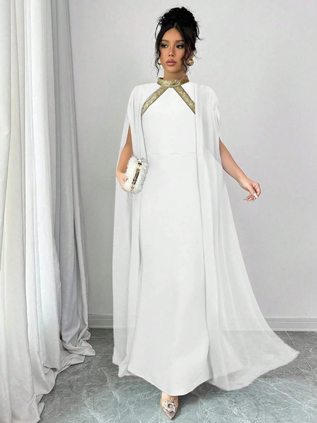 Colorblock Decor Stand Collar Elegant Cape Sleeve Mermaid Hem Fashionable Chic Dress
