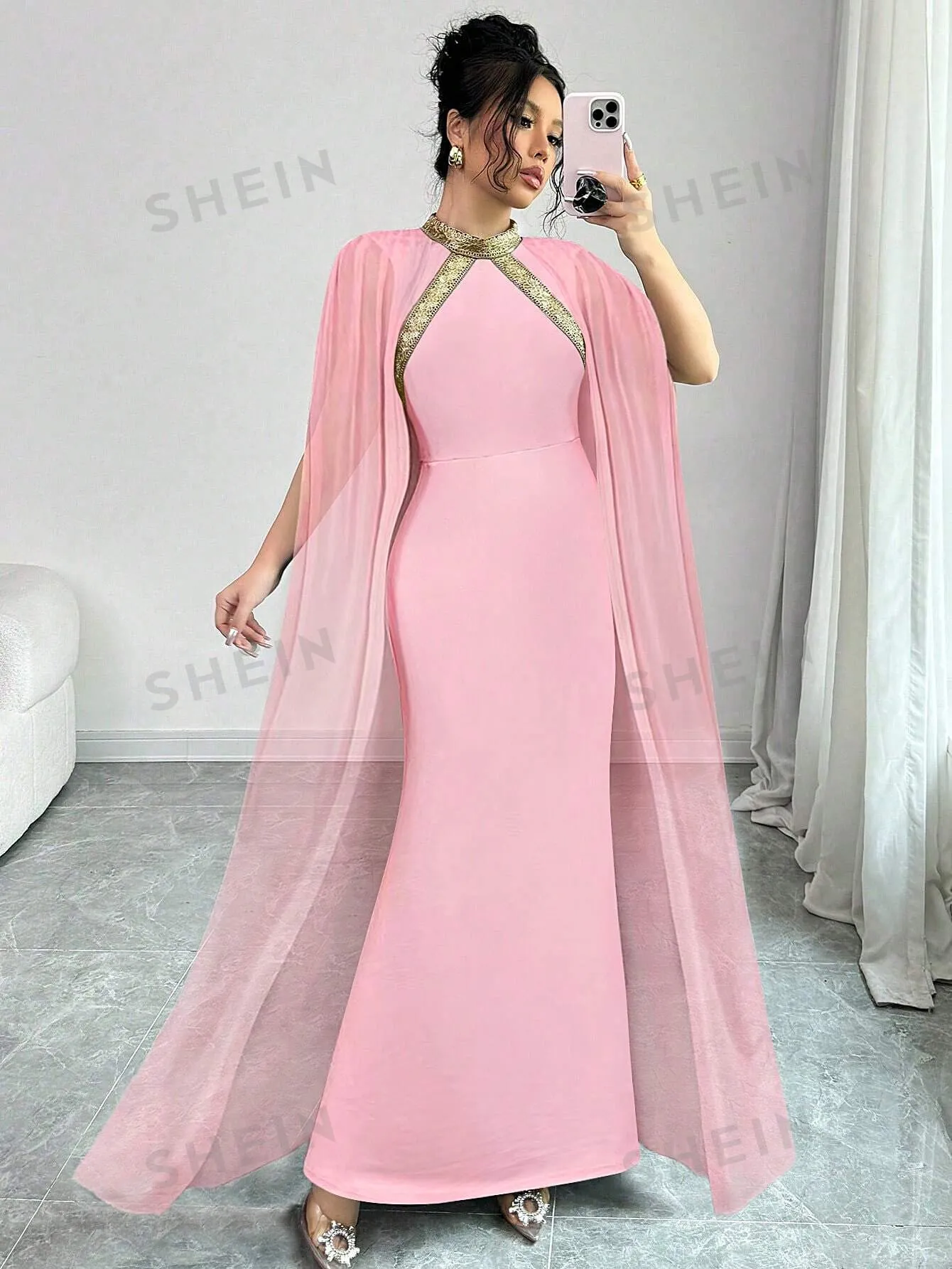 Colorblock Decor Stand Collar Elegant Cape Sleeve Mermaid Hem Fashionable Chic Dress