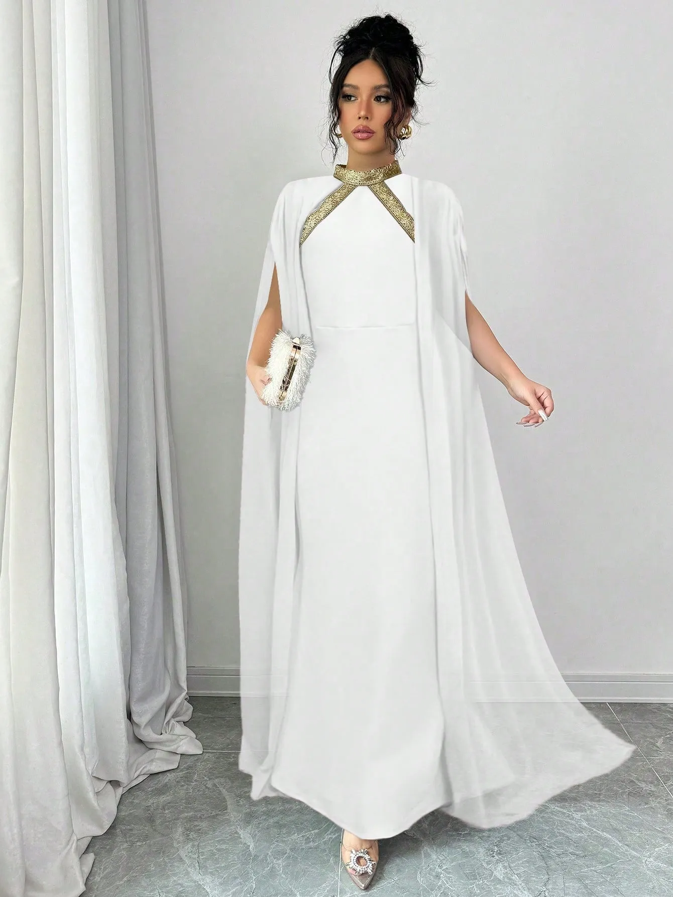 Colorblock Decor Stand Collar Elegant Cape Sleeve Mermaid Hem Fashionable Chic Dress