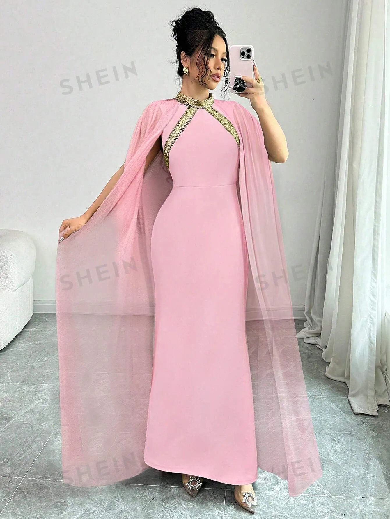 Colorblock Decor Stand Collar Elegant Cape Sleeve Mermaid Hem Fashionable Chic Dress