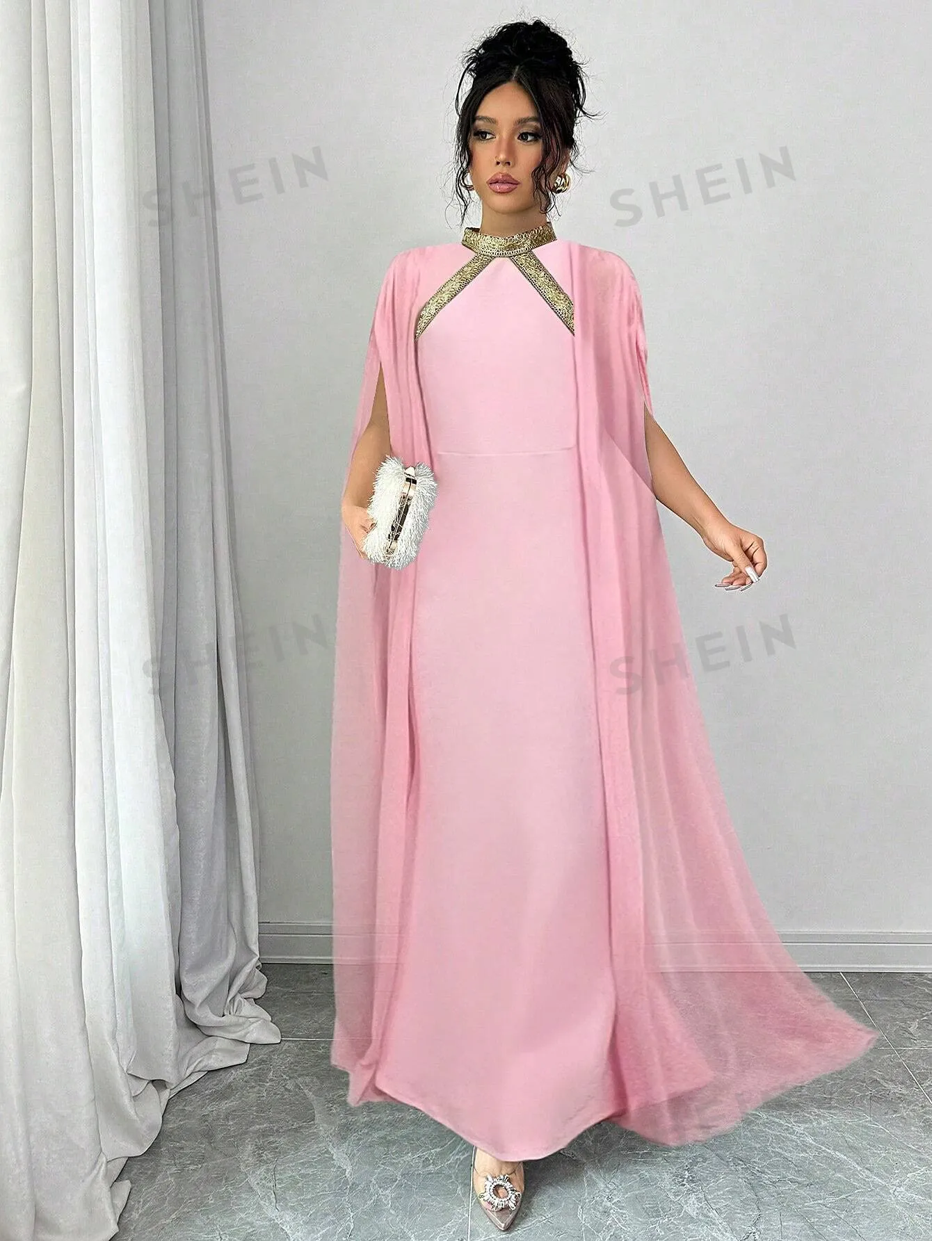 Colorblock Decor Stand Collar Elegant Cape Sleeve Mermaid Hem Fashionable Chic Dress
