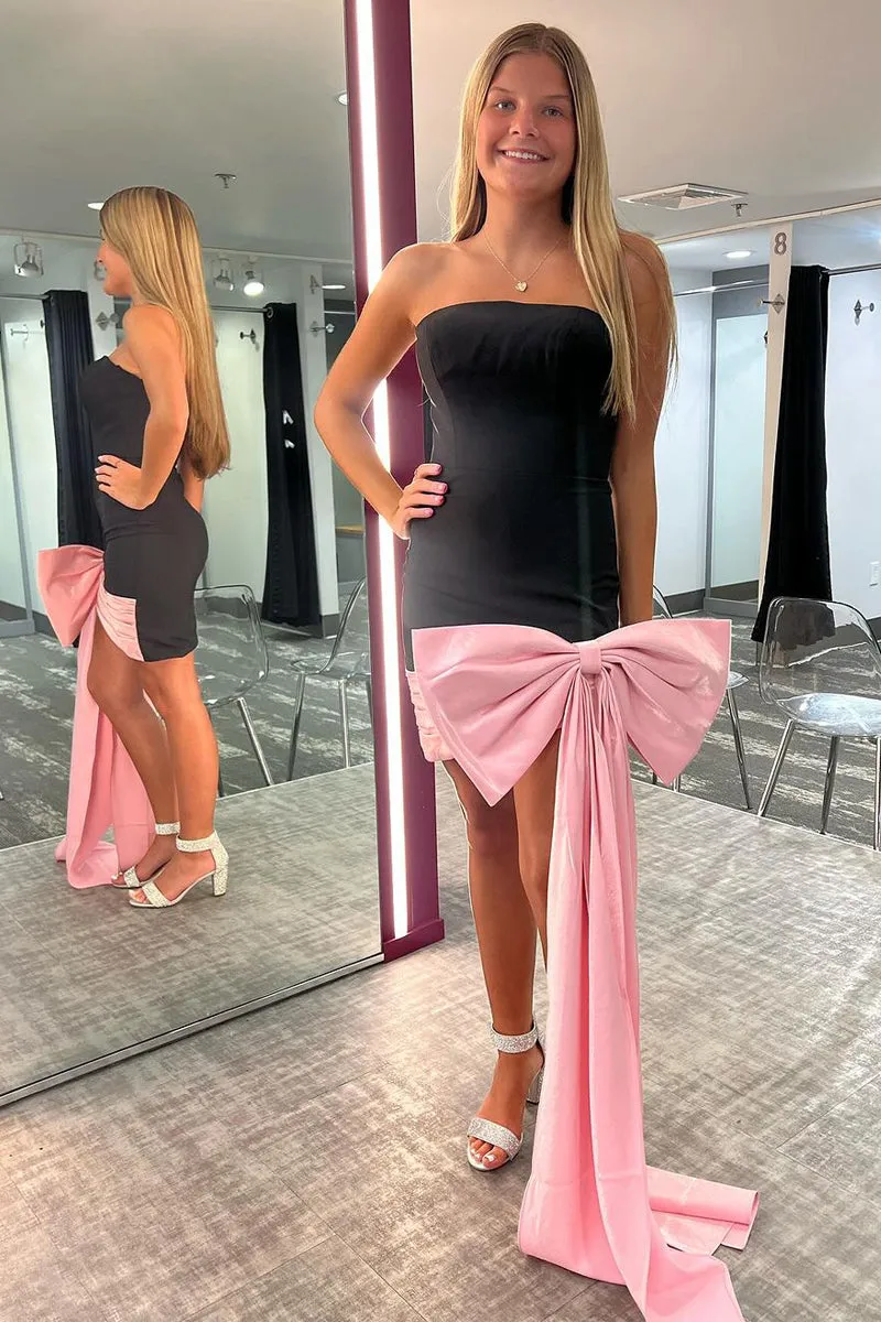 Cute Bodycon Black Satin Short Homecoming Dresses with Big Bow VK073137