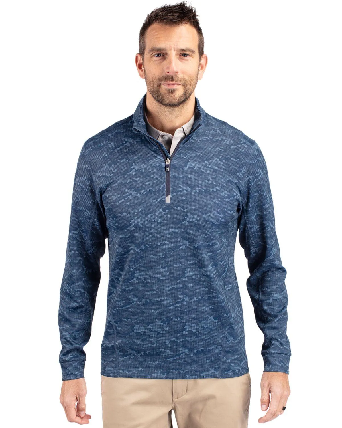 Cutter & Buck Traverse Stretch Camo Print Eco Quarter Zip Pullover Navy Blue