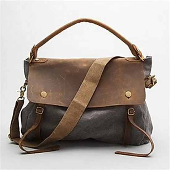 Damen Canvas und Leder Umhängetasche Schultertasche - grau