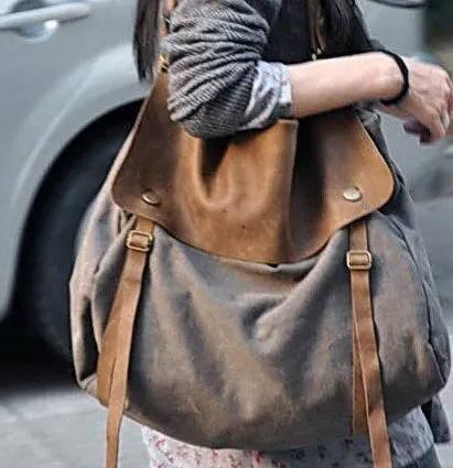 Damen Canvas und Leder Umhängetasche Schultertasche - grau