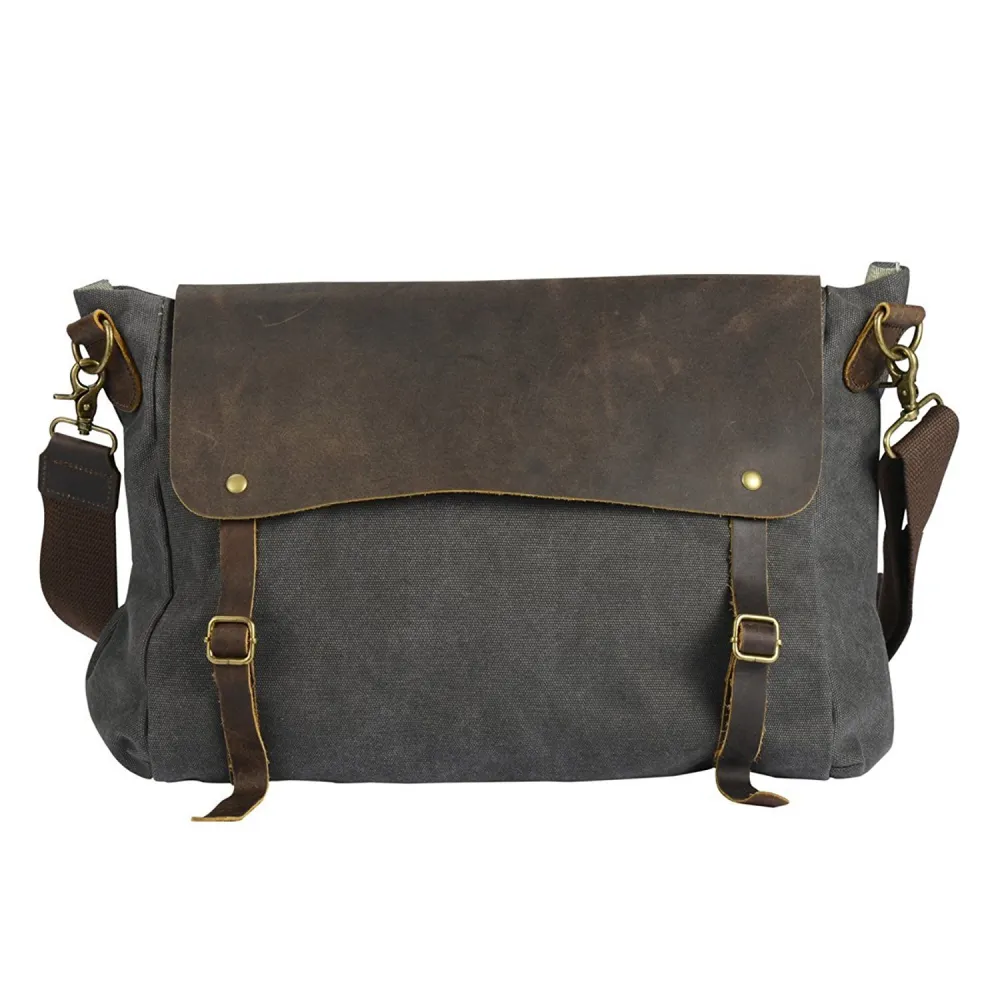 Damen Canvas und Leder Umhängetasche Schultertasche - grau